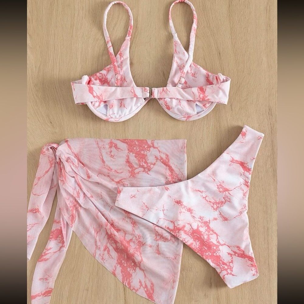 SUPER CUTE 3-PIECE BIKINI AND SARONG SET TIE DIE PINK